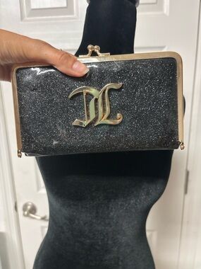 Juicy Couture Black Glitter Clutch with Gold Monogram Frame